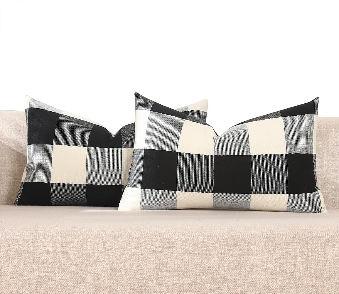 Carrie Home Black And White Lumbar Plaid Pillow Covers 12X20 Set Of 2 Black Buffalo Check Pillow Covers 12 X 20 Outdoor Farmhous