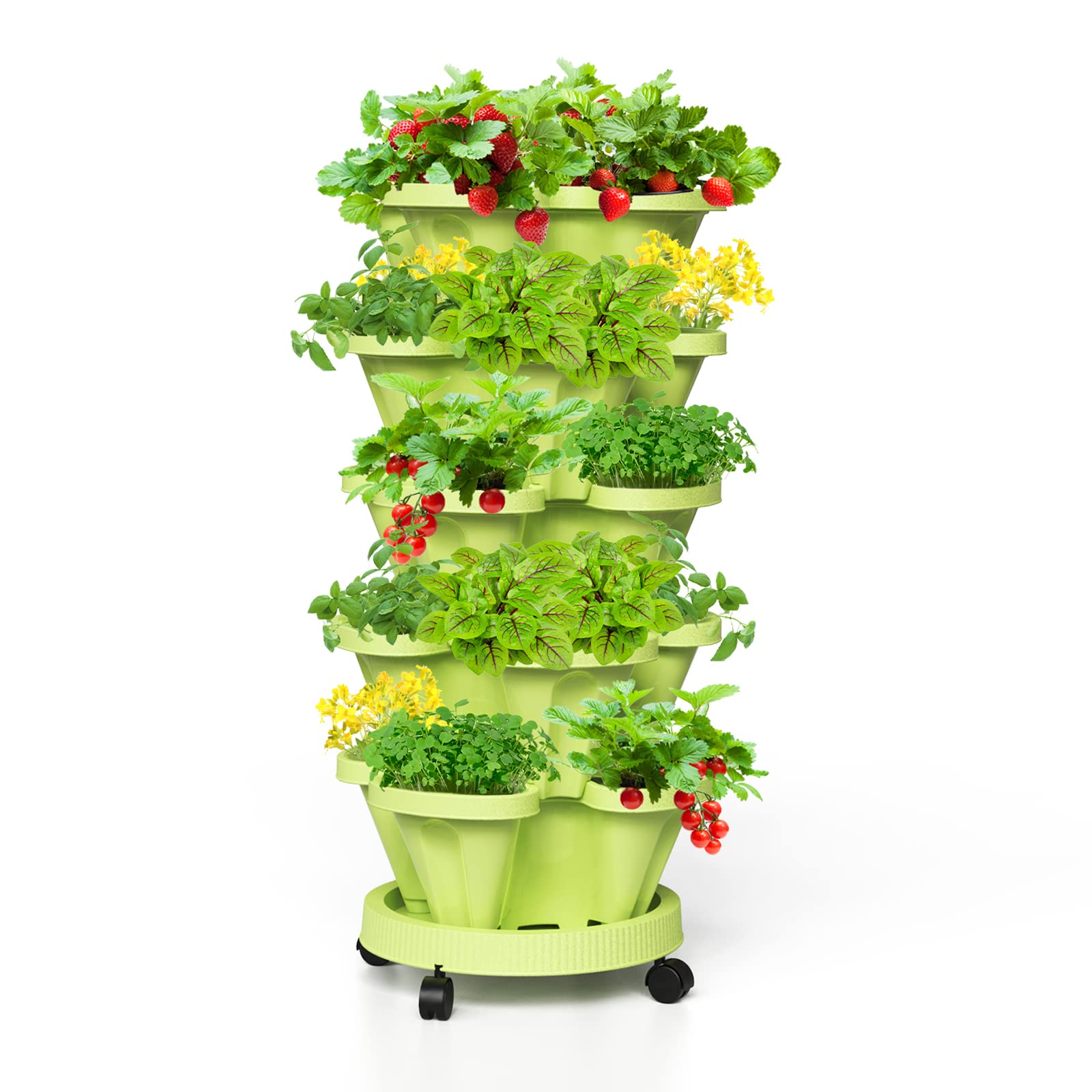 Tectsia Strawberry Stacking Planters, Vertical Garden Tower, 5 Tiered Stackable Herb Vegetable Planters With Movable Casters And