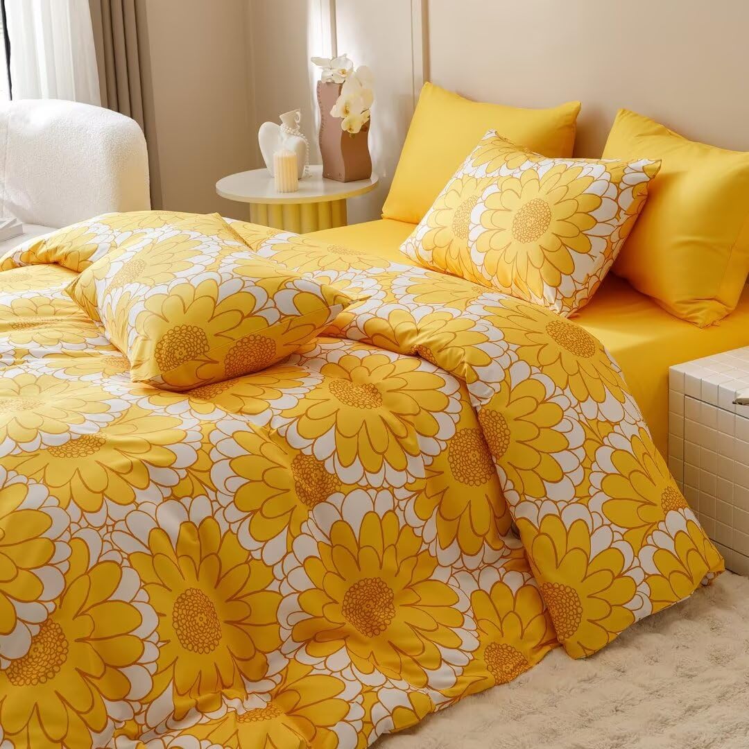 Clothknow Yellow Sunflower Comforter Set Full Size 3Pcs Yellow White Bedding Comforter Sets Light Yellow Comforter Full Women Gi