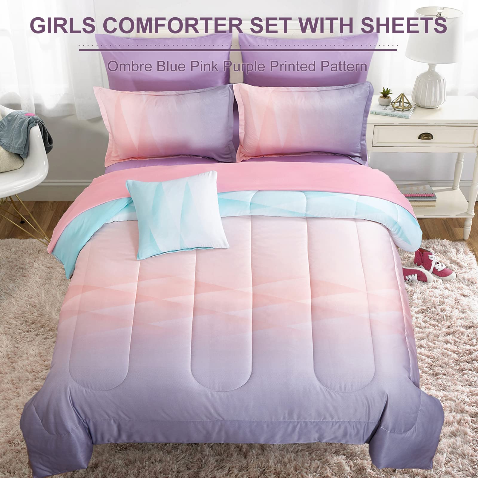 Girls Comforter Set Twin Size Colorful Ombre Blue Pink Purple Rainbow Bedding Set 6 Pieces Bed In A Bag For Kid Teen (1 Comforte
