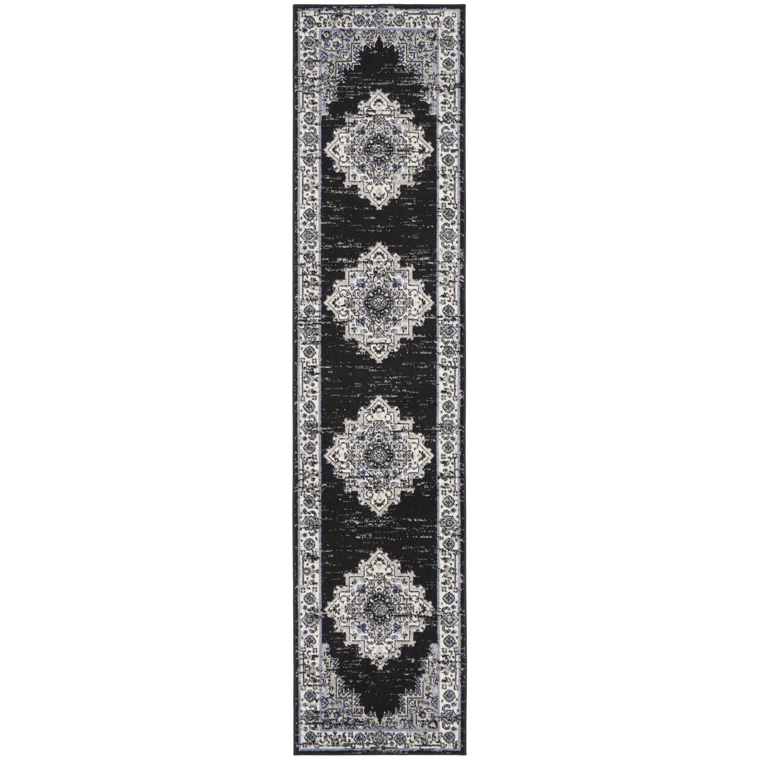 Nourison Passion Bohemian Black Ivory 2'2'' x 10' Area-Rug, Easy-Cleaning, Non Shedding, Bed Room, Living Room, Dining Room, Kit