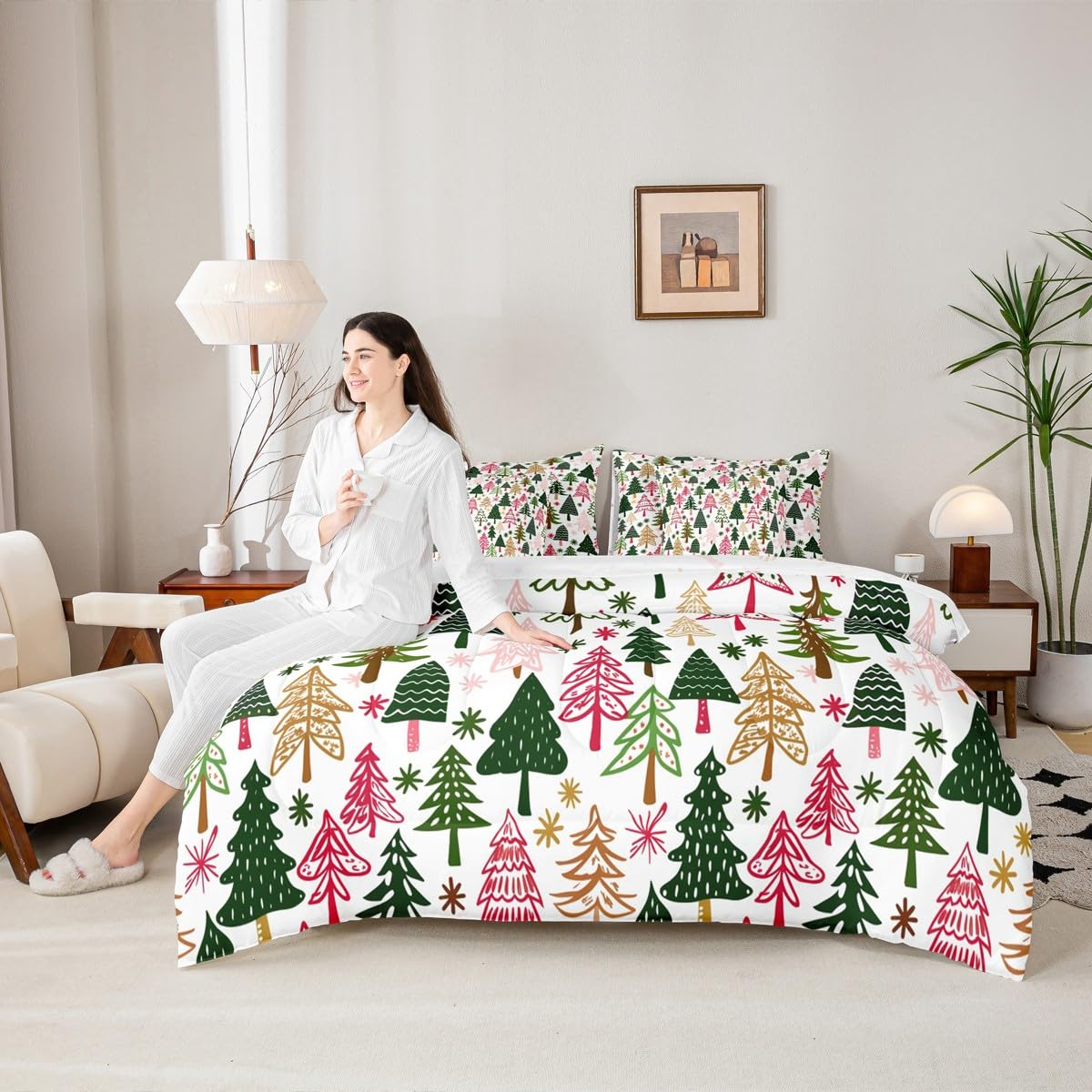 Manfei Christmas Tree Full Bedding Set 7 Pieces,Romantic Xmas Gifts Red Green White Comforter Set With Sheets For Kids,Starry Wi