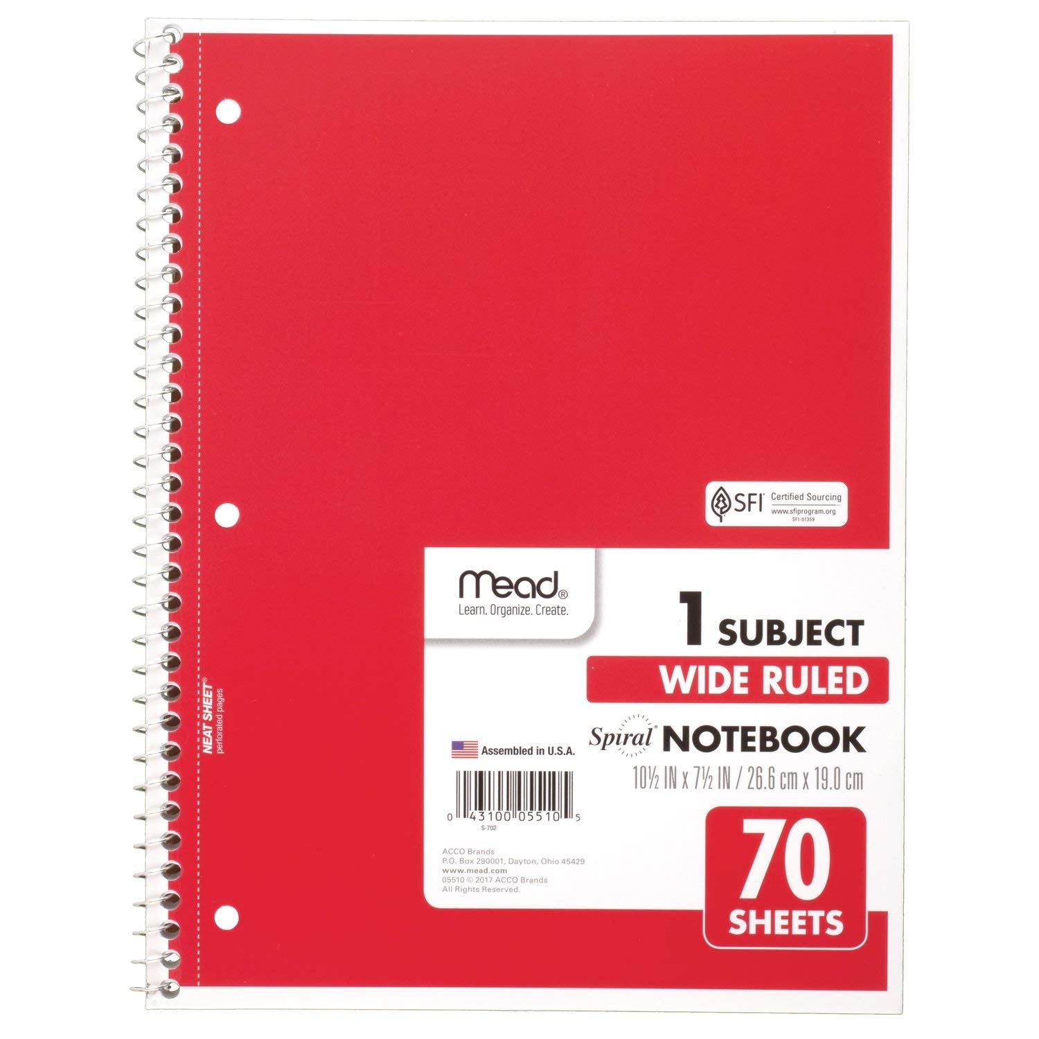 Mead Spiral Notebooks, 1 Subject, Wide Ruled Paper, 70 Sheets, 10-1/2' X 7-1/2', Blue (05510)