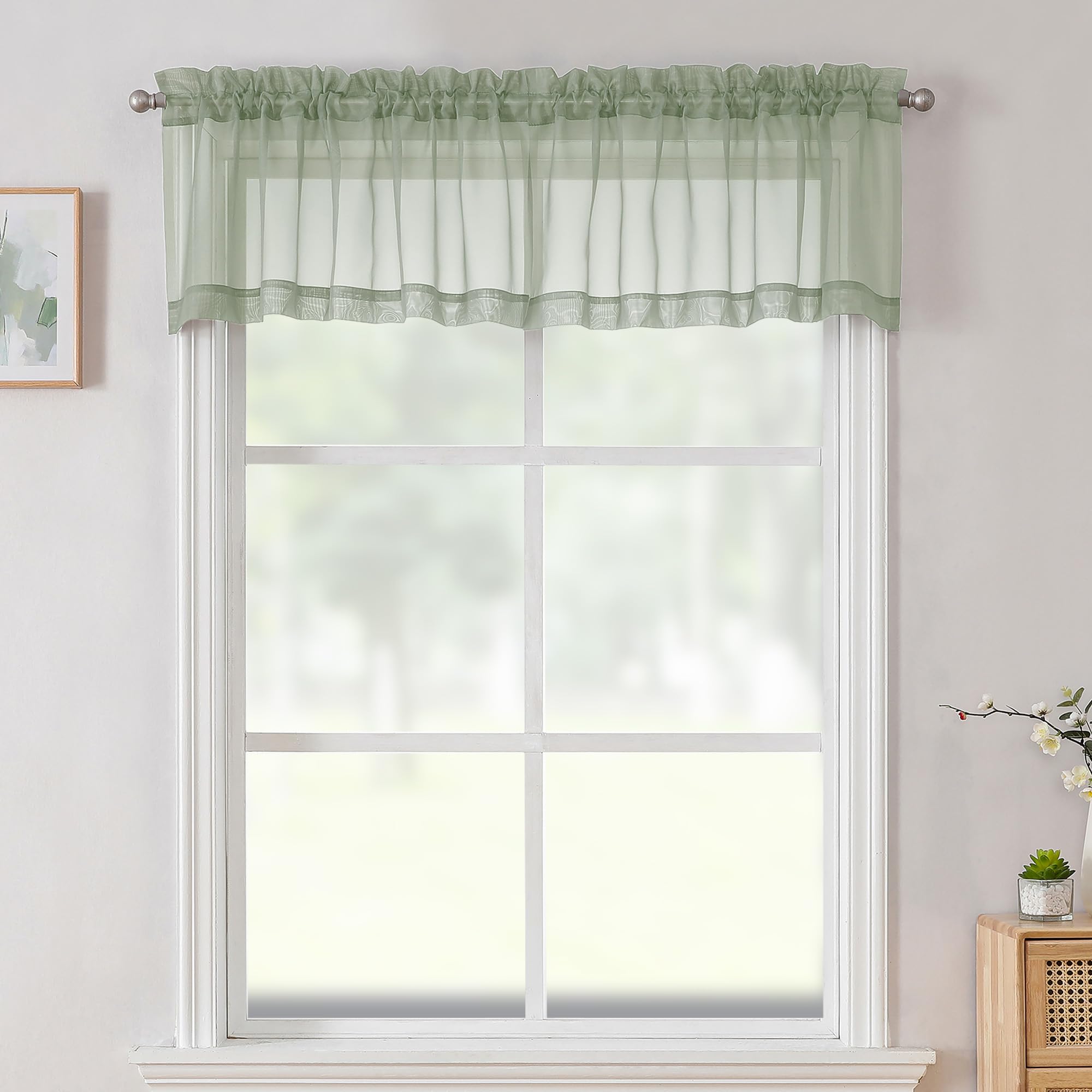 Aiyufneg 2 Panels Sage Green Sheer Valance - Short Fresh Sheer Curtain Valances For Windows Basement Semi Sheer Valances For Kit