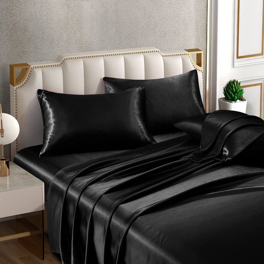 Horbaunal 6 Piece Satin Sheet Set King Size Luxury Silky & Soft Black Satin King Bed Sheet Set With 16'' Deep Pocket, 1 Fitted S