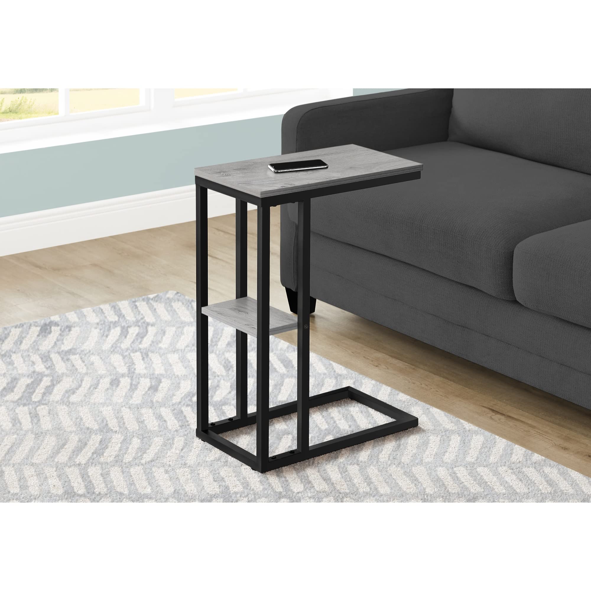 Monarch Specialties 3671 Accent Table, C-shaped, End, Side, Snack, Living Room, Bedroom, Metal, Laminate, Grey, Black, Contemporary, Modern Table-25, 18.25&quot; L x 10.25&quot; W x 25.25&quot; H