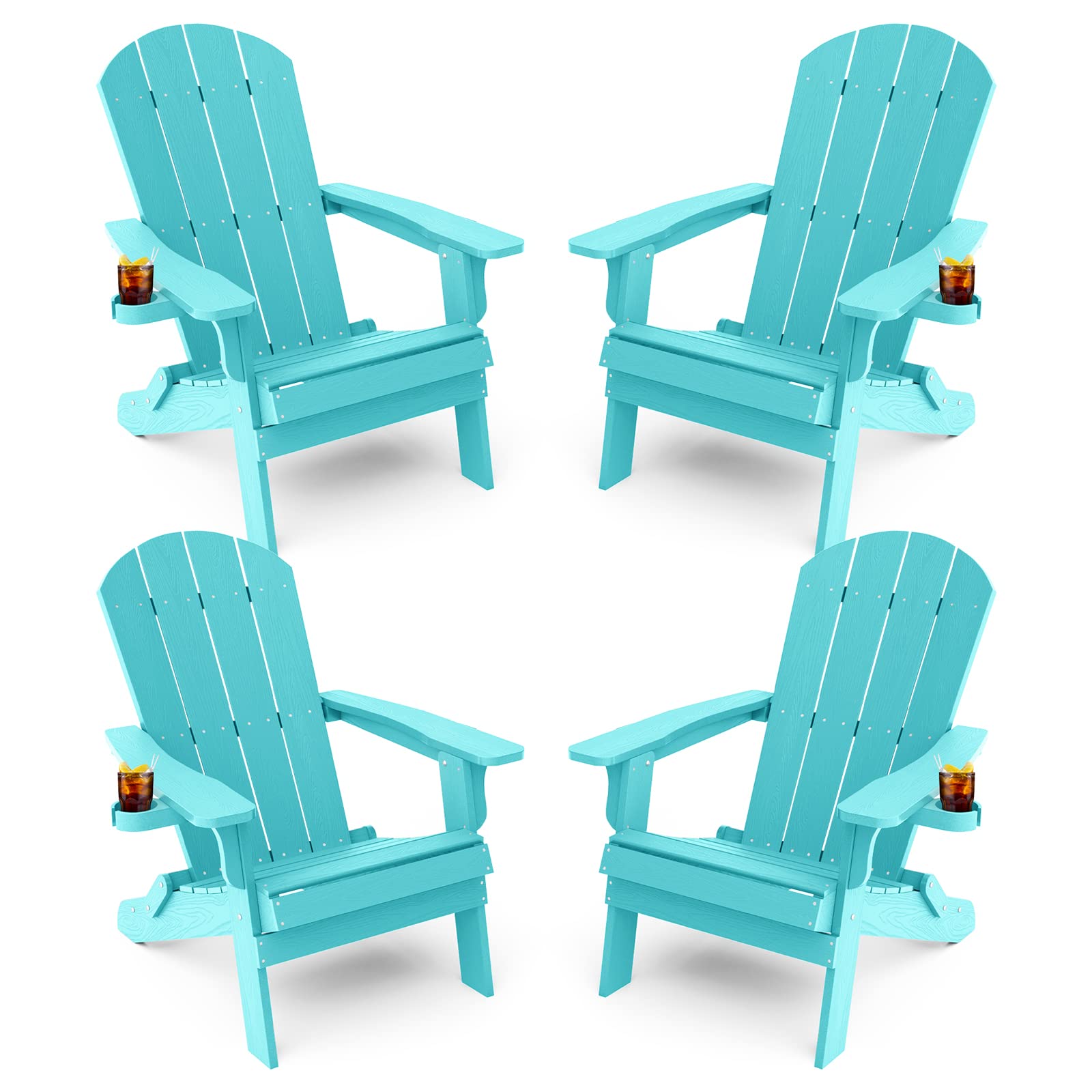 Yefu Adirondack Chair, Foldable Oversized Plastic Adirondack Chair Set Of 4 With Cup Holder, Patio Chair With Weather Resistant For Outside Deck Lawn, Weight Capacity Up To 400 Lbs –Aruba