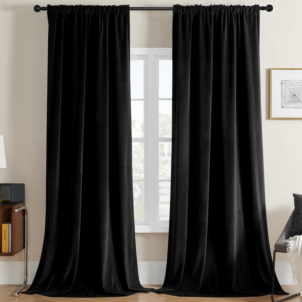 Joydeco Velvet Curtains 72 Inch 1 Panel, Long Luxury Black Blackout Thermal Insulated Rod Pocket Window Curtains, Super Soft Roo