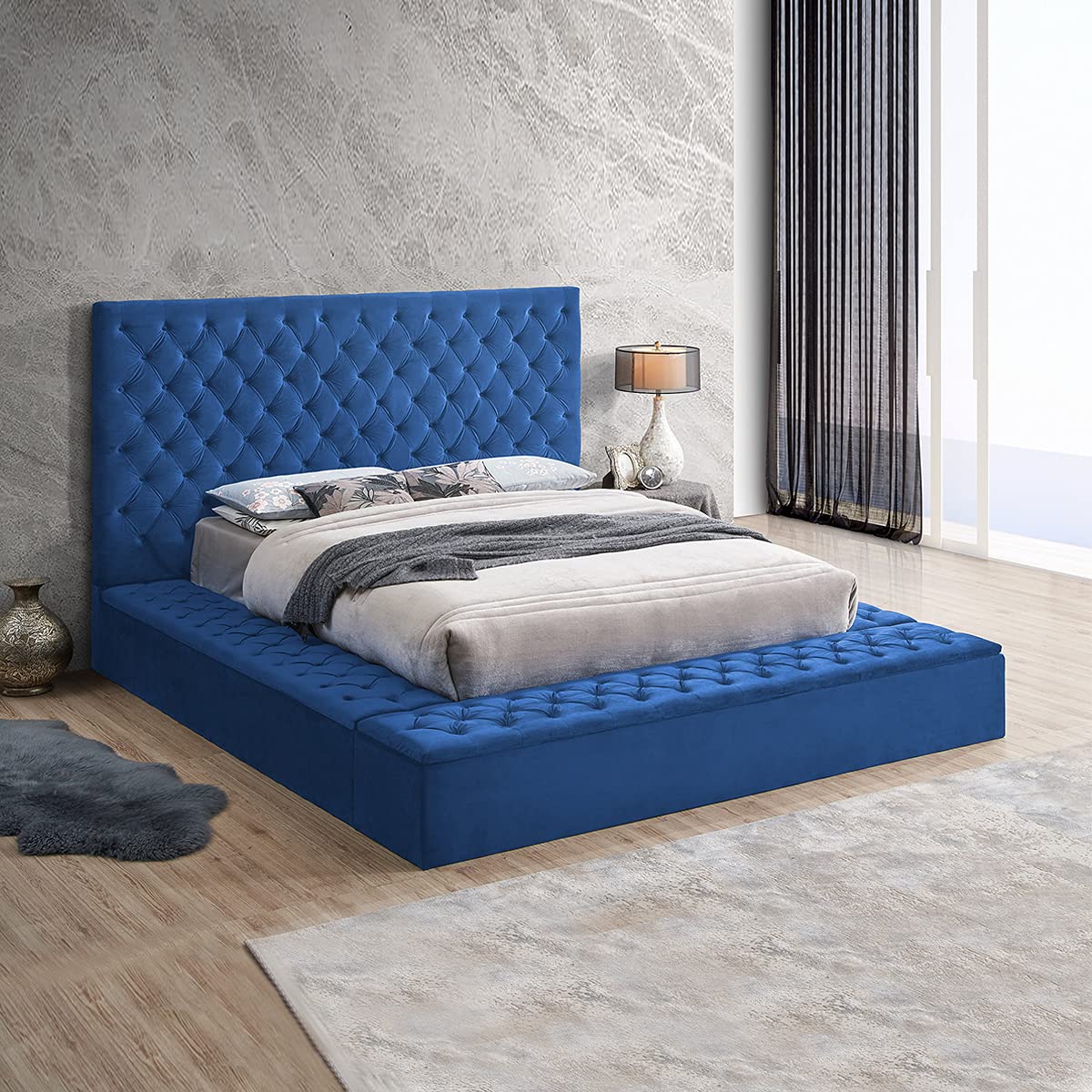 Better Home Products Cosmopolitan Velvet Tufted Upholstered Storage Platform with Headboard/Velvet Upholstered Platform Bed Frame/Wood Slat Support/No Box Spring Needed (Queen, Blue)