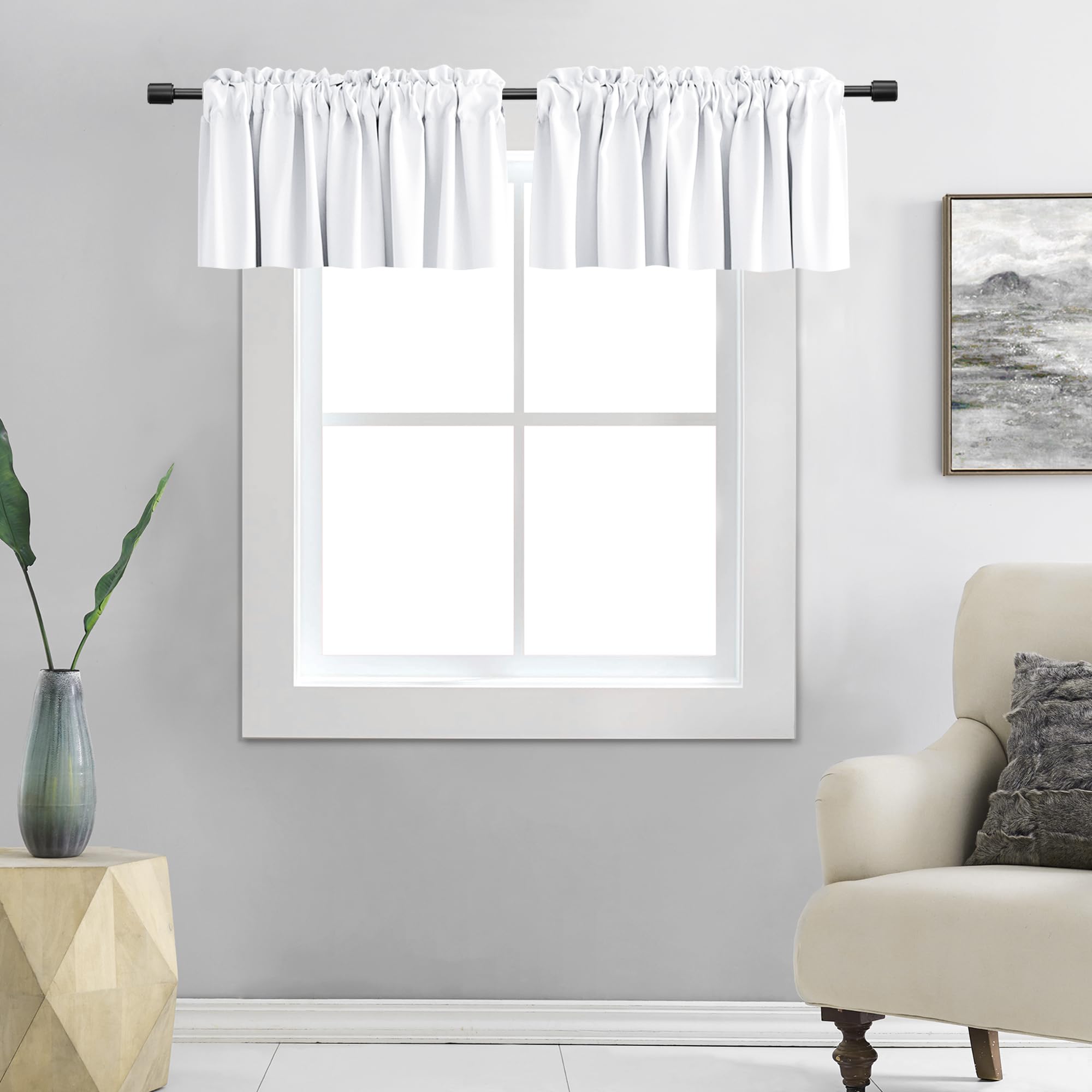DONREN 2 Panels 42 by 18 Inches Long - Pure White Valances for Window Rod Pocket Room Darkening Kitchen Valances
