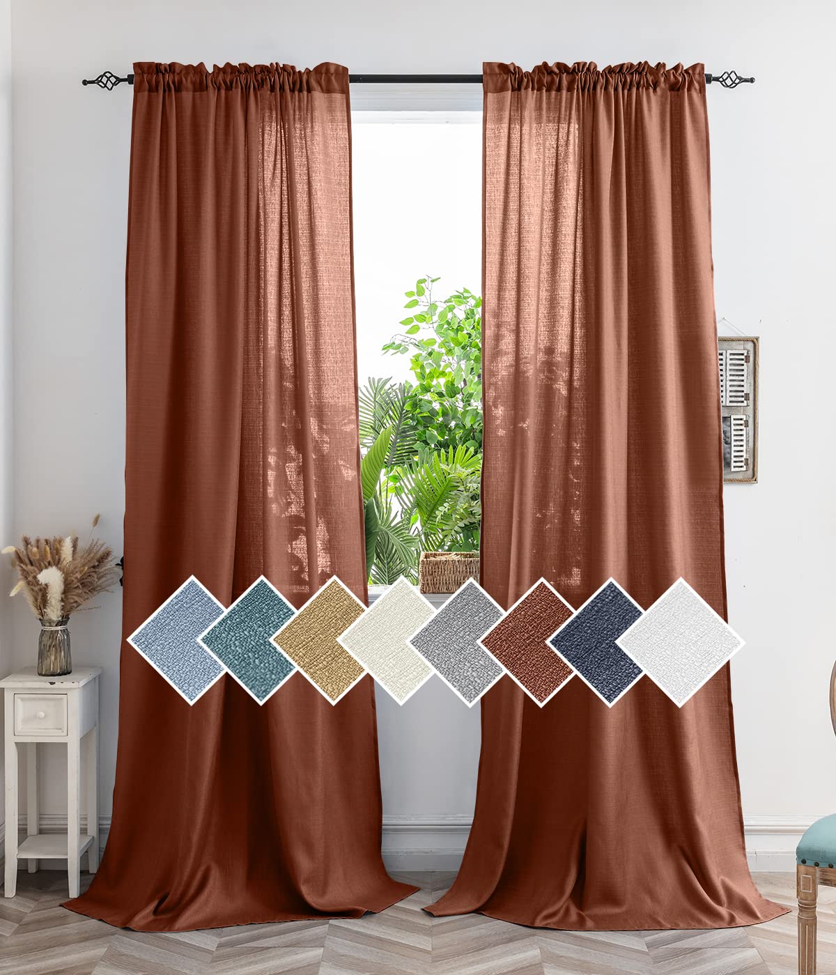 Yancorp Terracotta Curtains 84 Inch Length For Living Room 2 Panels Linen Textured Sheer Curtain Set Light Filtering Semi Sheer