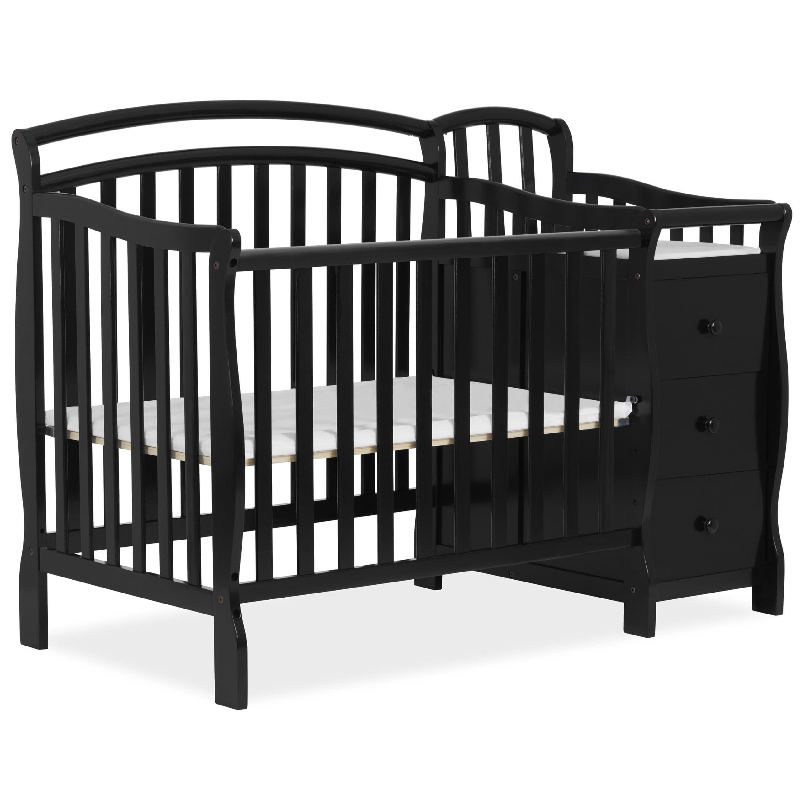 Dream On Me Casco 3-In-1 Mini Crib And Changing Table In Black, Convertible Crib, Made Of Pinewood, Three Position Adjustable Ma