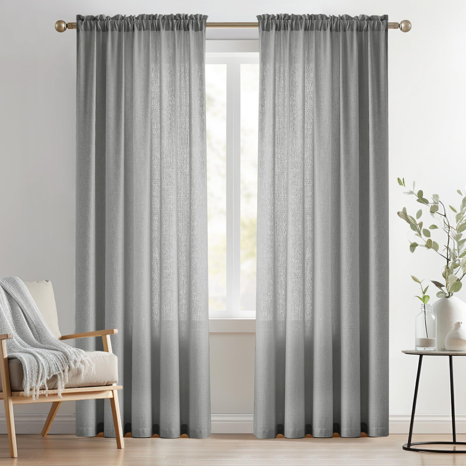 Melodieux Silver Gray Semi Sheer Curtains 84 Inches Long For Living Room, Bedroom Linen Look Rod Pocket Window Privacy Sheer Dra