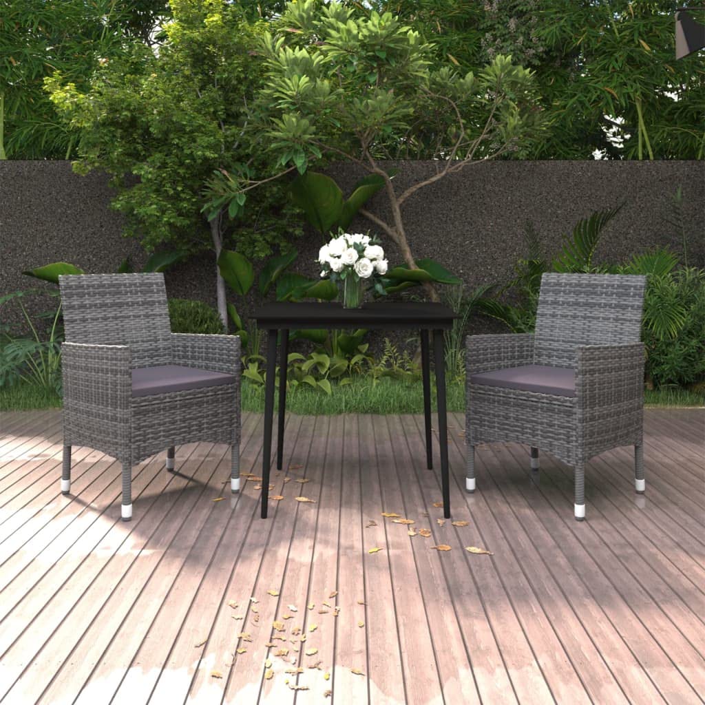 vidaXL 3-Piece Patio Dining Set - Weather-Resistant Poly Rattan and Glass Table with Cushions - Outdoor Furniture Set for Patio, Garden, Backyard