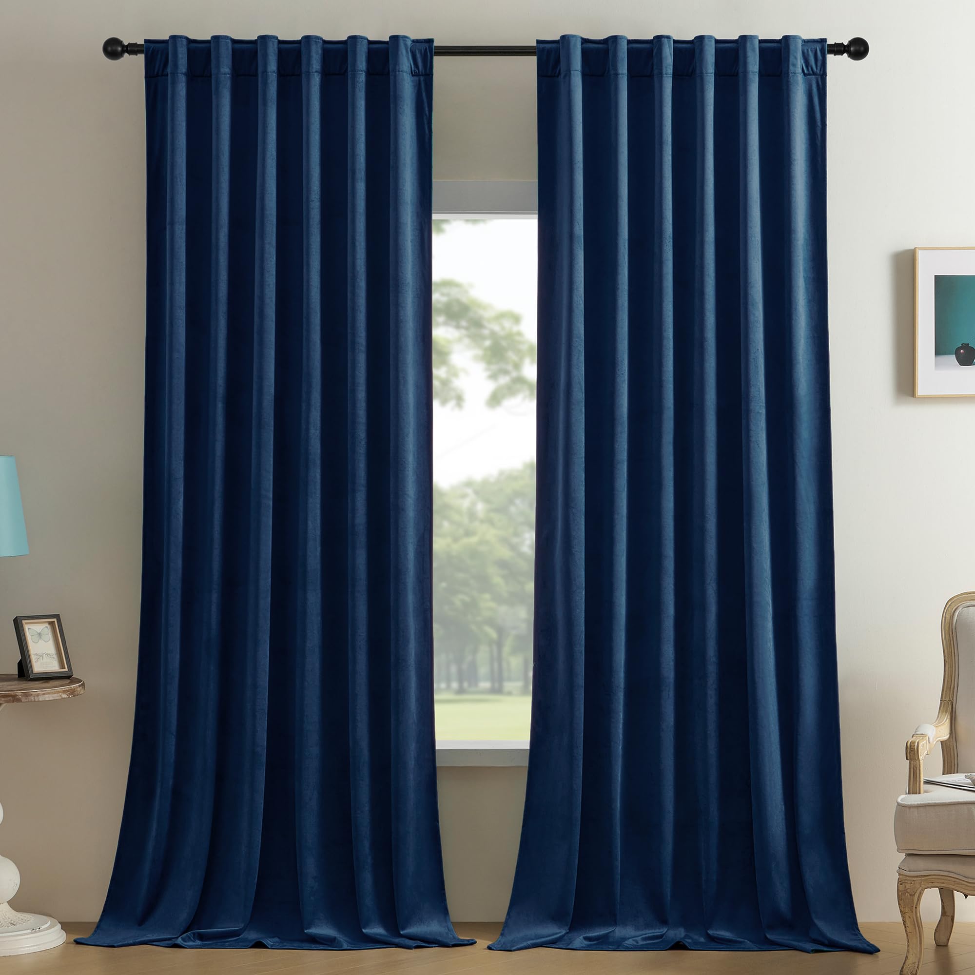 Timeper Blue Velvet Curtains Drapes - Soft Velvet Navy Blue Curtain Panels Blackout Thermal Insulated Sliding Door Curtains For