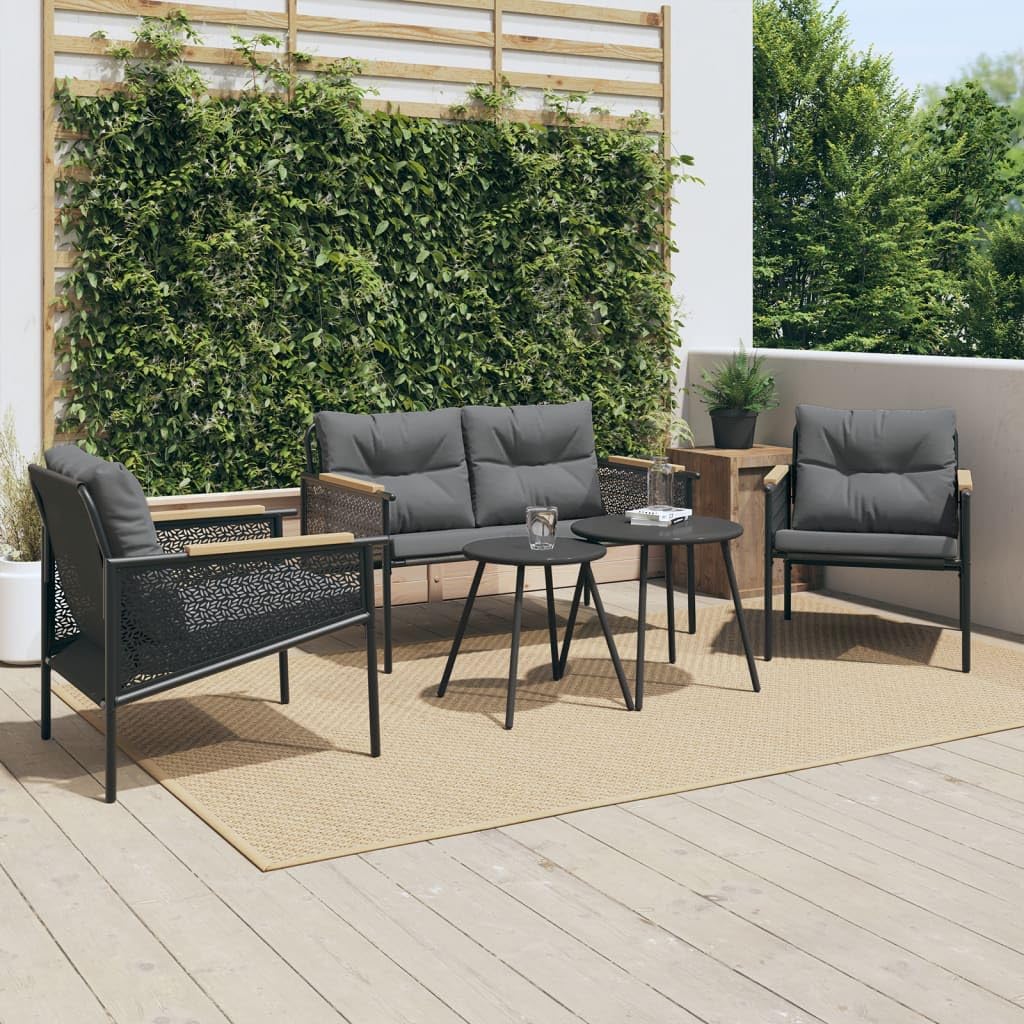 vidaXL 5-Piece Balcony Furniture Set - Black Steel & Textilene with Teak Wood Cushions for Patio, Garden, Terrace