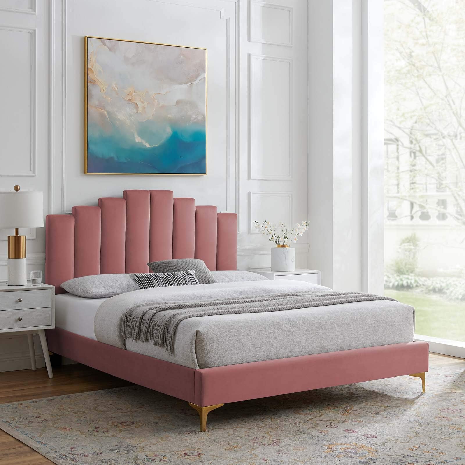 Modway Elise Channel Tufted Performance Velvet King Platform Bed In Dusty Rose With Gold Metal Legs