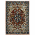 HomeRoots 508057 8 x 11 ft. Blue Beige Tan Brown Gold & Rust Red Oriental Power Loom Stain Resistant Rectangle Area Rug with Fringe