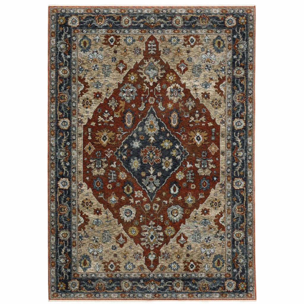 HomeRoots 508057 8 x 11 ft. Blue Beige Tan Brown Gold & Rust Red Oriental Power Loom Stain Resistant Rectangle Area Rug with Fringe