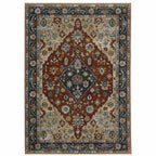 HomeRoots 508057 8 x 11 ft. Blue Beige Tan Brown Gold & Rust Red Oriental Power Loom Stain Resistant Rectangle Area Rug with Fringe