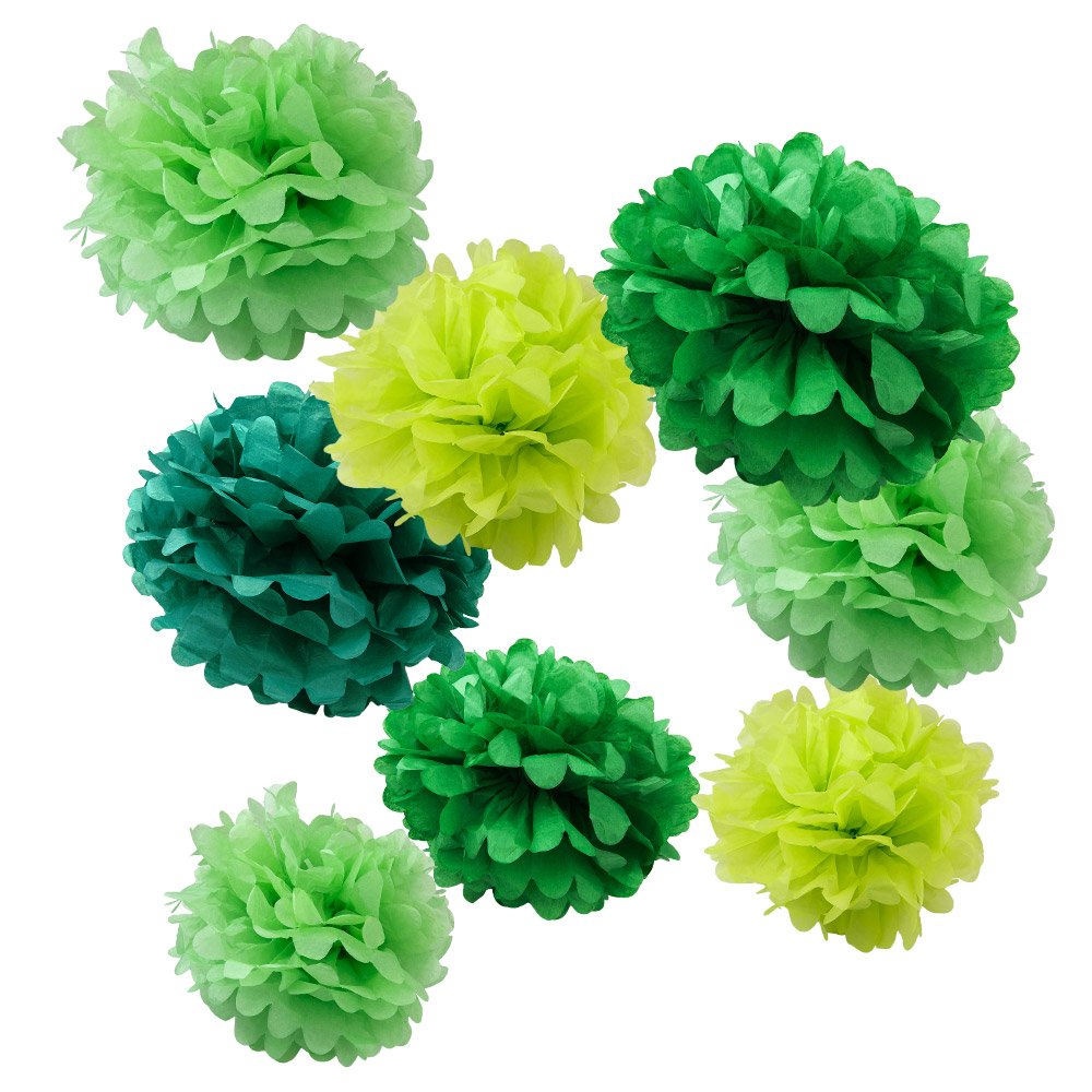 WYZworks Set of 8 (Assorted Green Color Pack) 10 12 16 DIY Tissue Pom Poms Flower, Halloween Party, Decorations for Weddings, Bi
