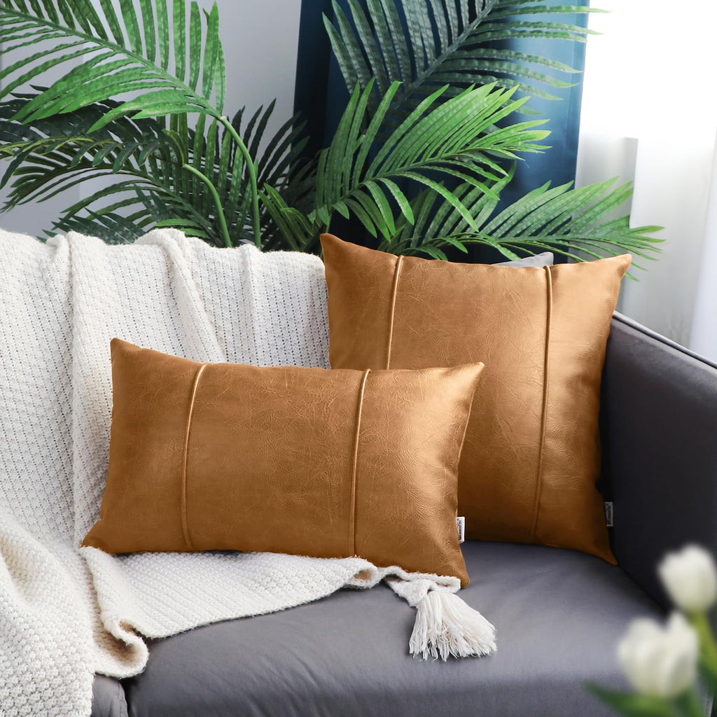 BRAWARM Tan Faux Leather Throw Pillow Cover with Piping, Hand Stitched, 18 x 18 Inches