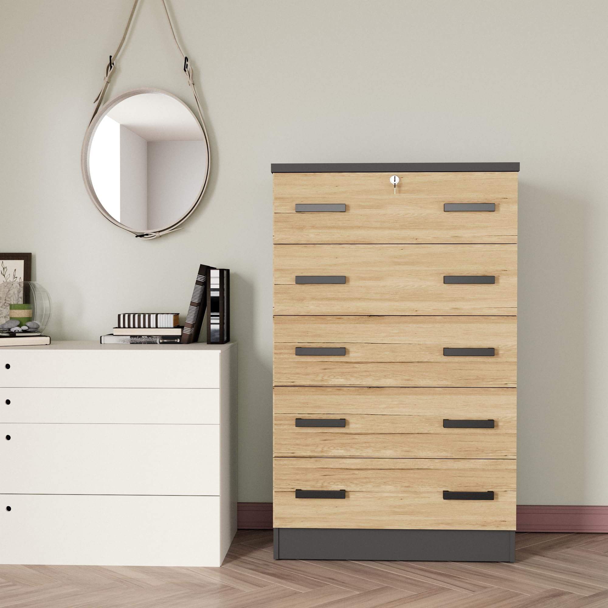 Cindy 5 Drawer Chest Wooden Dresser with Lock (Dark Grey & Natural Oak)