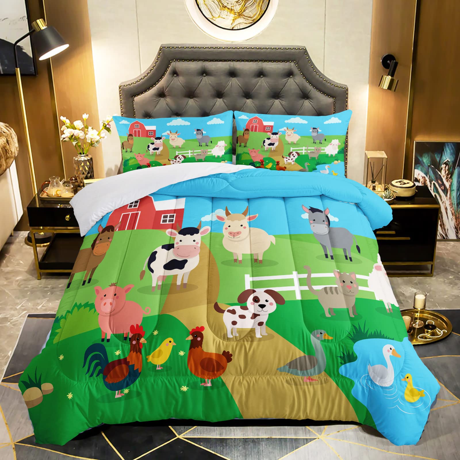 Qoomo Farm Animal Comforter Set, Comic Sheep Dog Cow Horse Design, 3Pcs Bedding Set With 2 Pillowcases, Soft And Lightweight, Tw