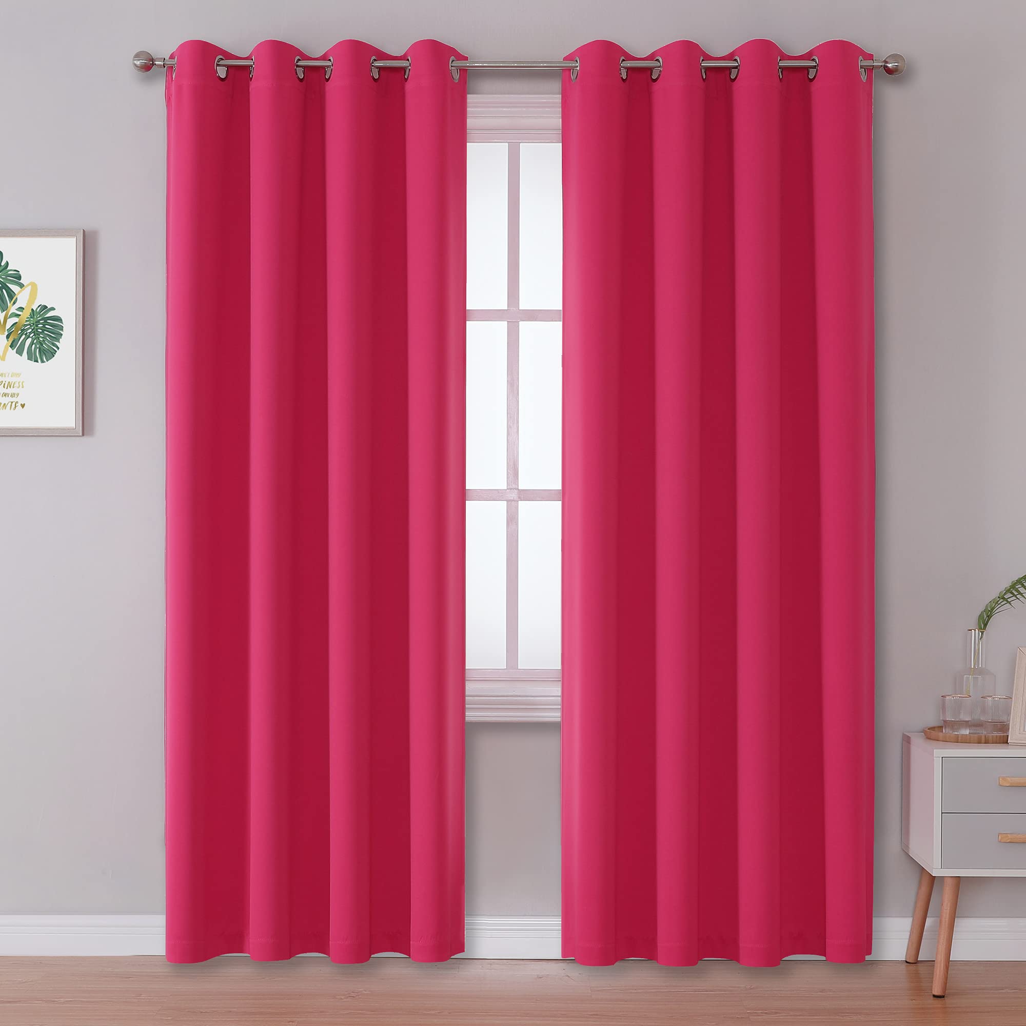 Dualife Room Darkening Curtain Panels Energy Efficient For Living Room Bedroom(52 X 96 Inches Long,Grommet,2 Panels,Hot Pink)