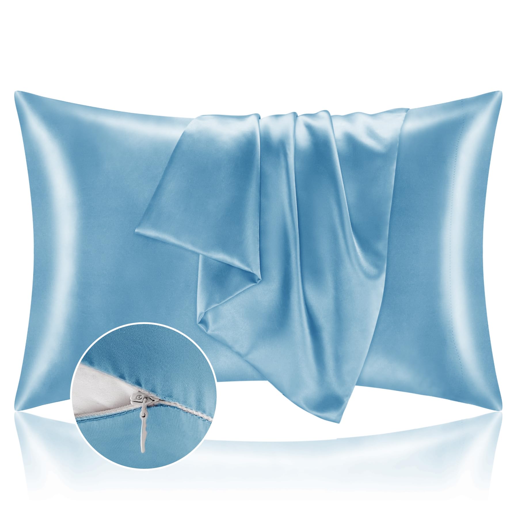 Bedelite Satin Pillowcase With Zipper, Blue Pillow Cases Queen Size Set Of 2, Super Soft And Cooling Similar To Silk Pillow Case