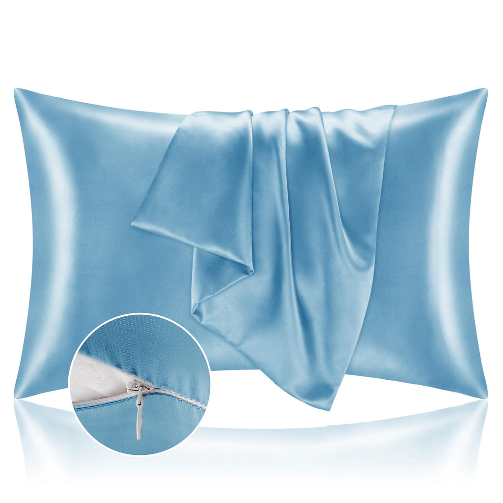 Bedelite Satin Pillowcase With Zipper 2 Pack, Blue Pillow Cases Standard Size, Super Soft And Cooling Similar To Silk Pillow Cas