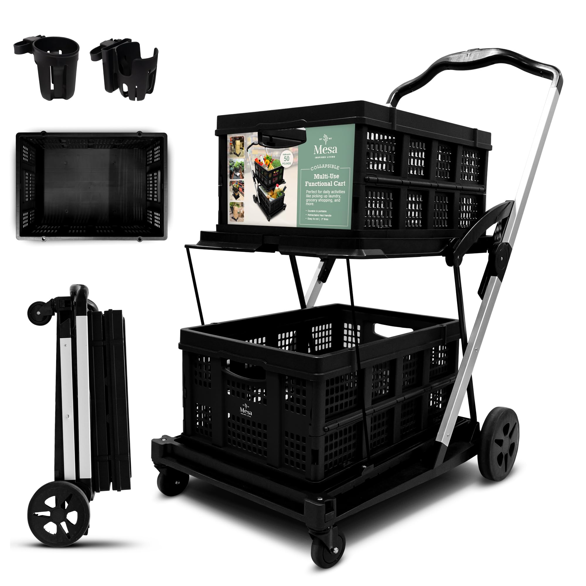 Inspired Living Multi-Use Functional Collapsible Utility Cart, 2-Tier Trolley With 2 Storage Crates For Shopping Office Heavy Du