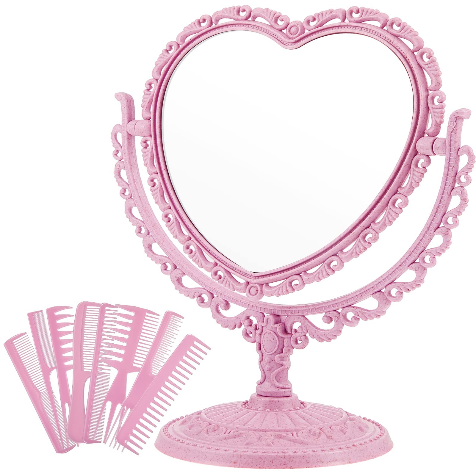 CHENGU Valentines Day Heart Shaped Mirror and 8 Pieces Hair Styling Combs Cute Makeup Mirror Double Sided Heart Mirror Rotatabl