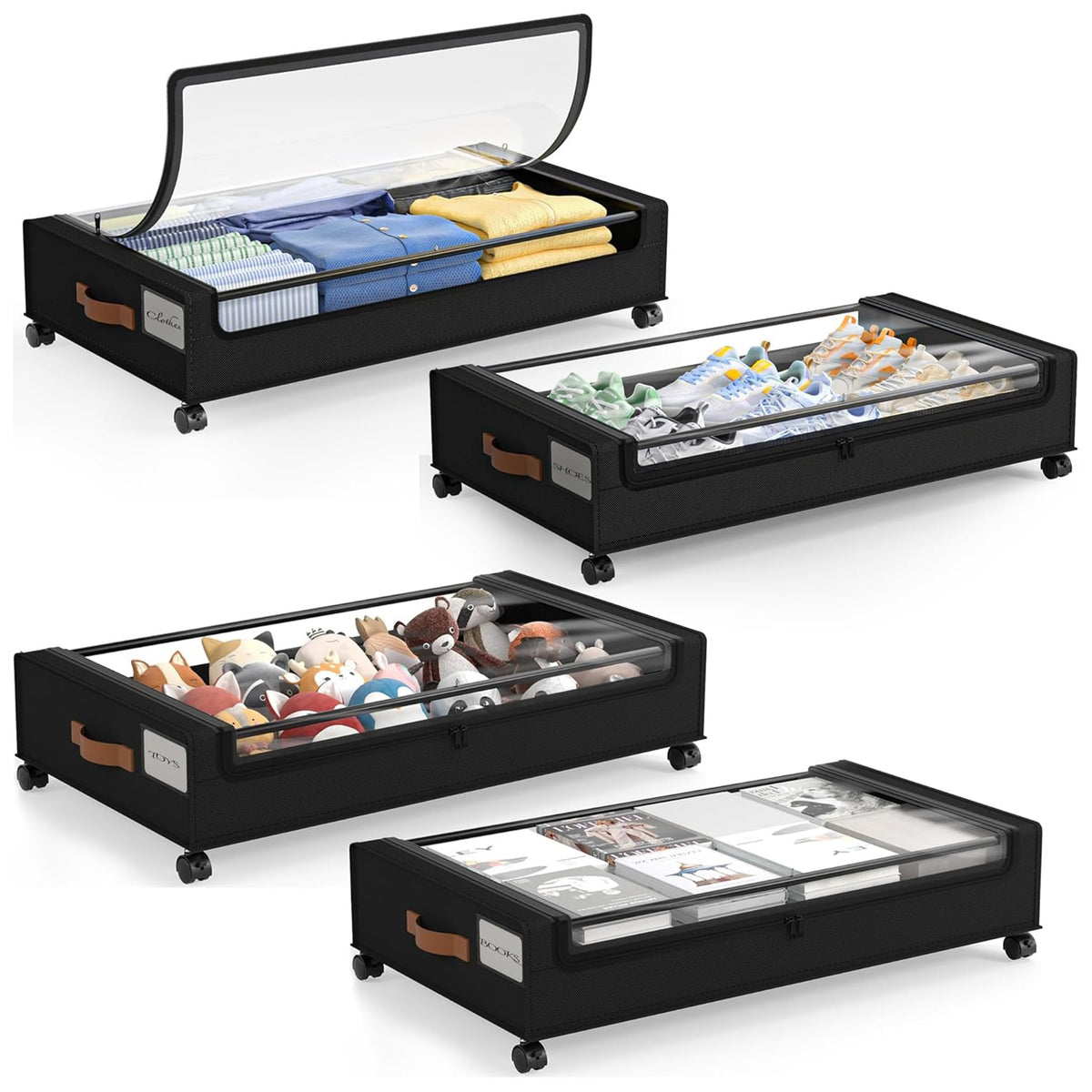 LAMU Under Bed Storage with Wheels, 4Pack Underbed Storage Containers,Black