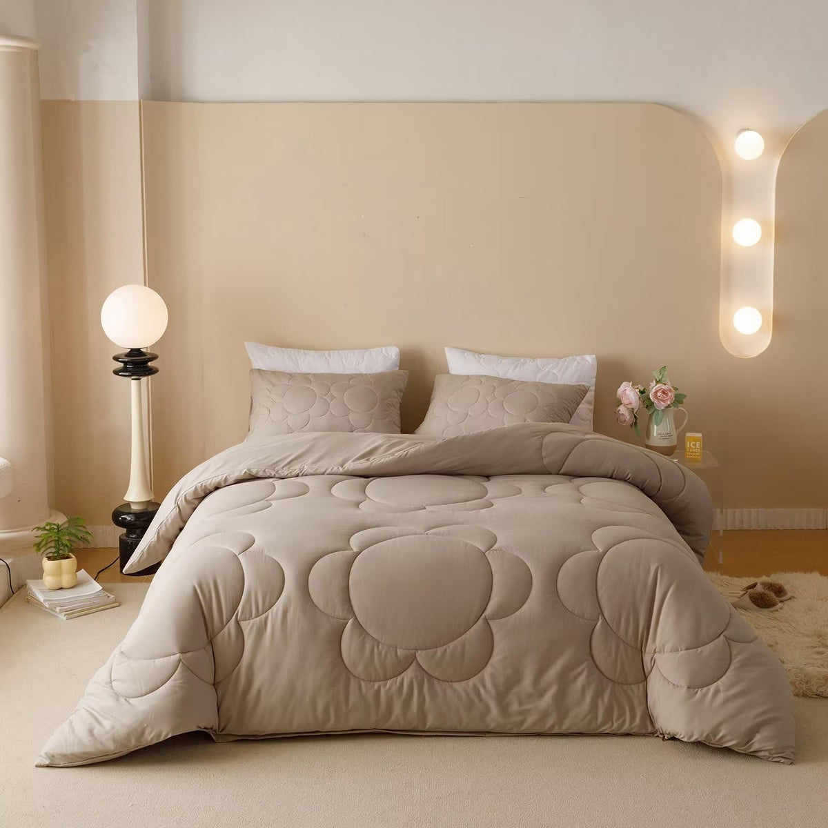 Houseri Beige Coffee Floral Comforter Set Queen Beige Khaki Sunflower Comfy Quilted Comforters Queen Size Coffee Taupe Brown Flu