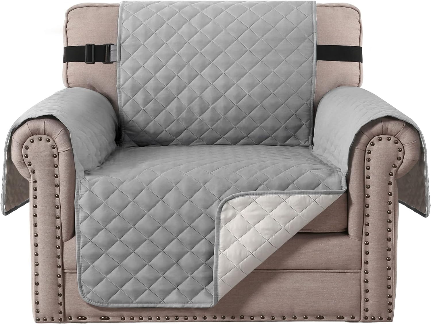 H.Versailtex Reversible Chair Couch Covers For 1 Cushion Couch Sofa Water Resistant Chair Slipcover Quilted Chair Cover Super Anti-Slip Furniture Protectors For Dogs(Armchair, Light Grey/Beige)