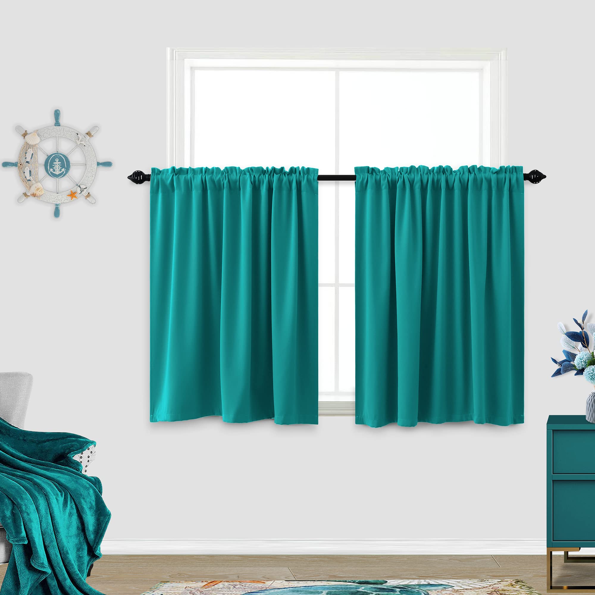 Koufall Teal Curtains 36 Inch Length For Small Bathroom Window 2 Panels Rod Pocket Cafe Thermal Insulated Darkening Blackout Window Treatments Tier For Bedroom Kitchen 34 Wide By 36 Inches Long
