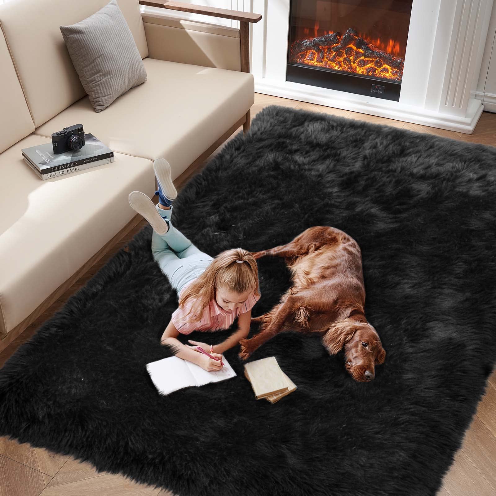 Faux Fur Area Rug, Black Fluffy Rugs For Bedroom Living Room, 4'X6' Soft Shaggy Fuzzy Rug For Nursery, Indoor Plush Floor Carpet