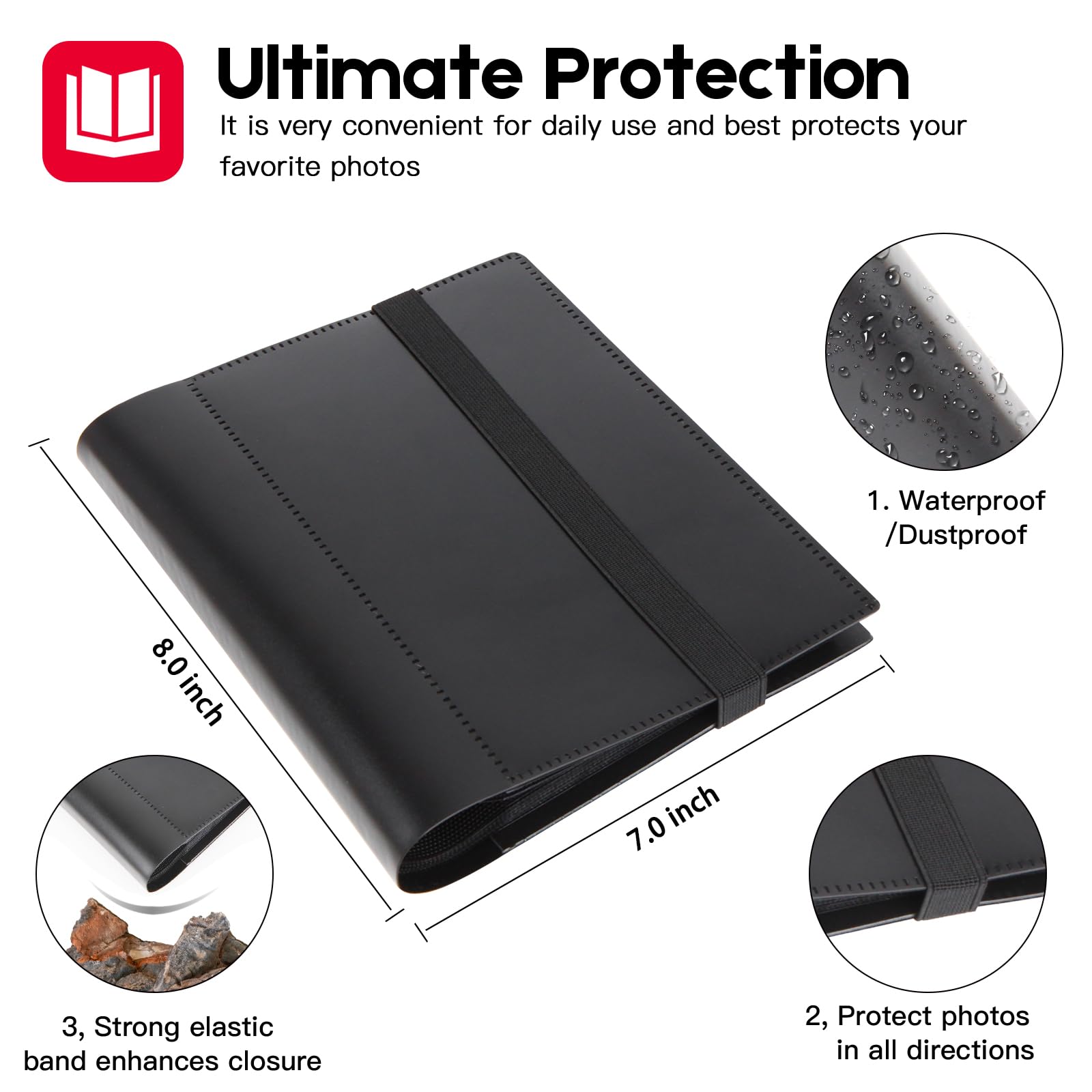 Aevdor 5x7 Photo Album - Holds 64 Photos, Black Inner Pages, Strong Elastic Band, Small Size, Plastic Material