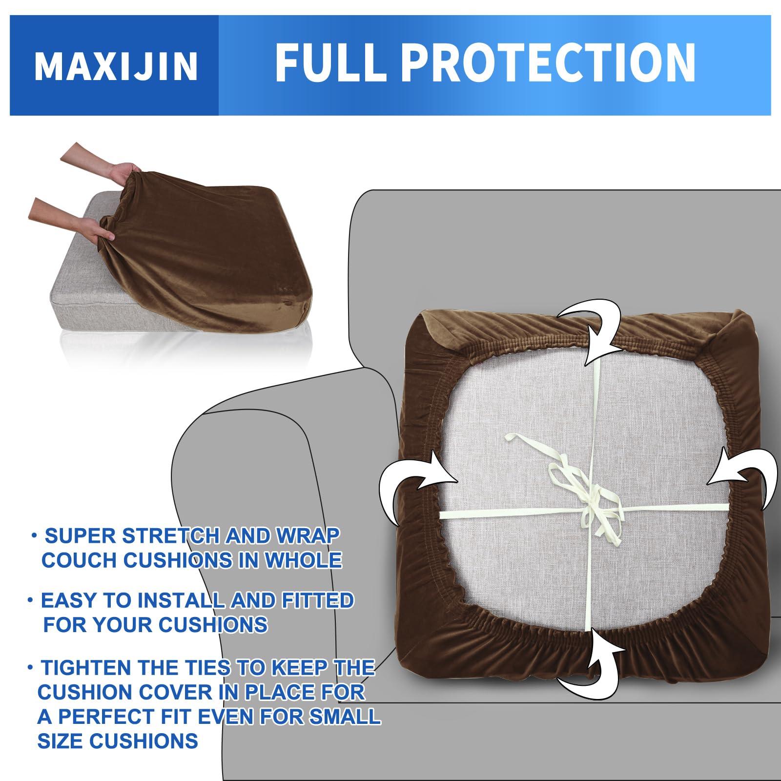 Maxijin Velvet Stretch Cushion Cover Fitted Couch Cushion Slipcovers 1 Pack Arm Chair Seat Cushion Cover For Individual Cushion