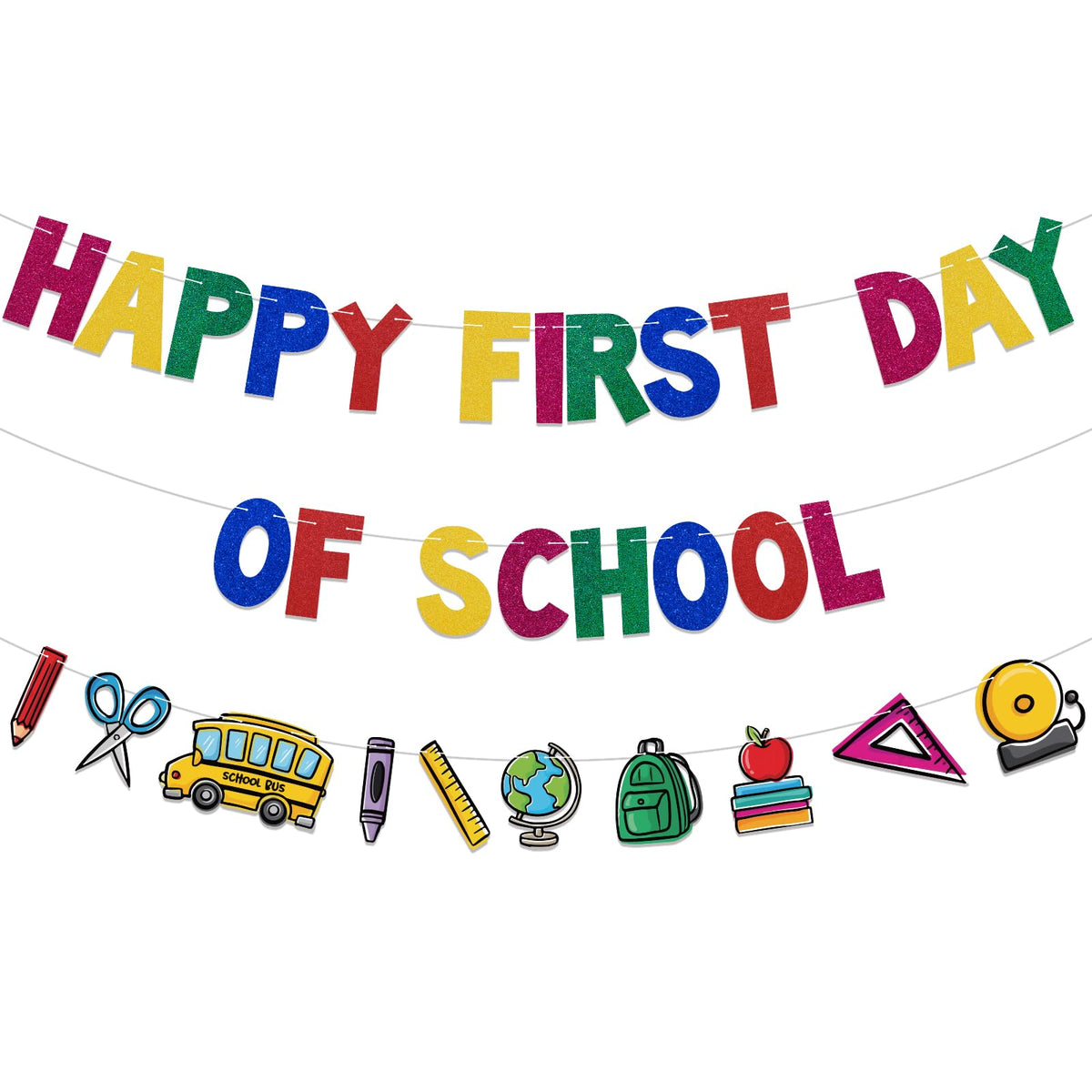 Happy First Day Of School Banner, Pre-Strung, Back To School Decorations, Back To School Garland, Classroom Teacher Office Schoo