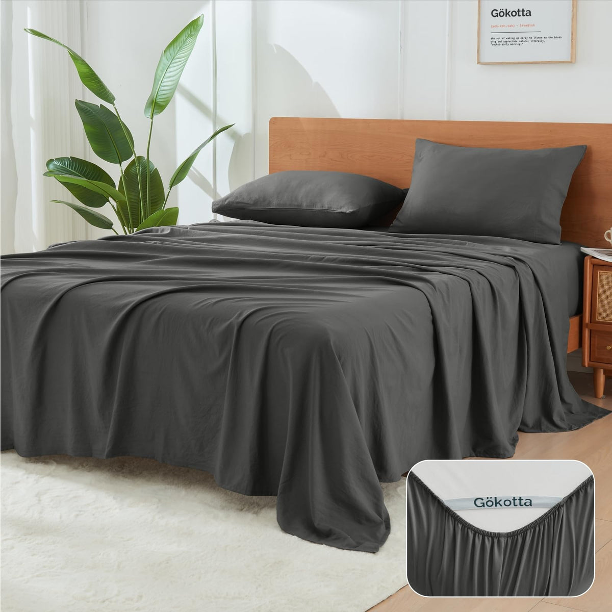Gokotta 4-Pcs Queen Sheet Set, 16' Deep Pocket Queen Sheets With Elastic Corner Straps, Hotel Luxury Ultra Soft Brushed Microfi