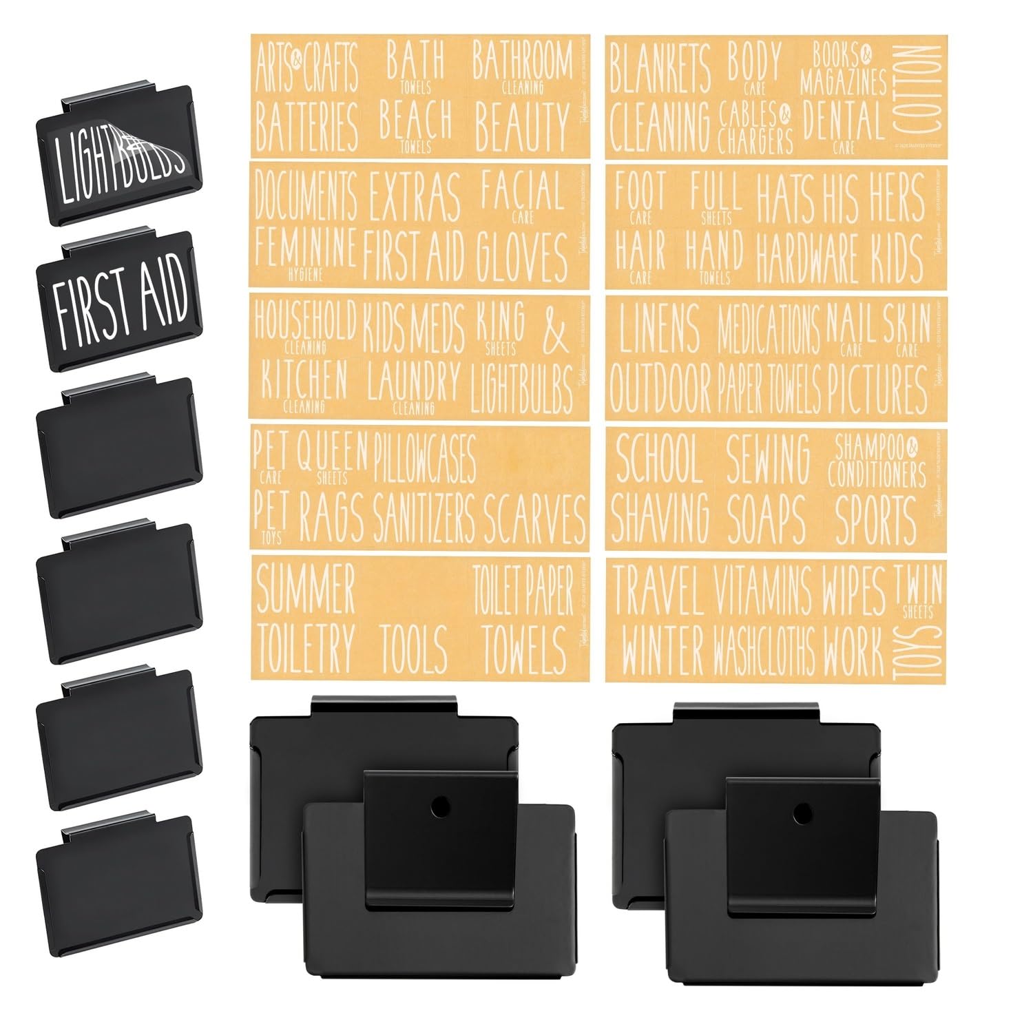 Talented Kitchen 8 Pack Metal Basket Labels Clip On Holders With 70 Household Labels For Storage Bins, Bin Clips Labels Tags For