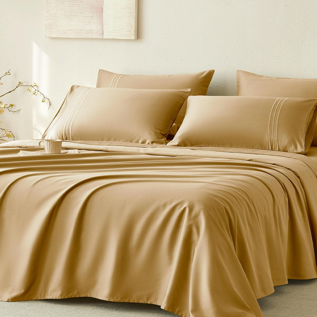 Jellymoni Full Sheet Sets Gold - 400 Thread Count 100% Cotton Sheets, 4 Pieces Silkly Sateen Cotton Sheet Set, Wrinkle Free Hote