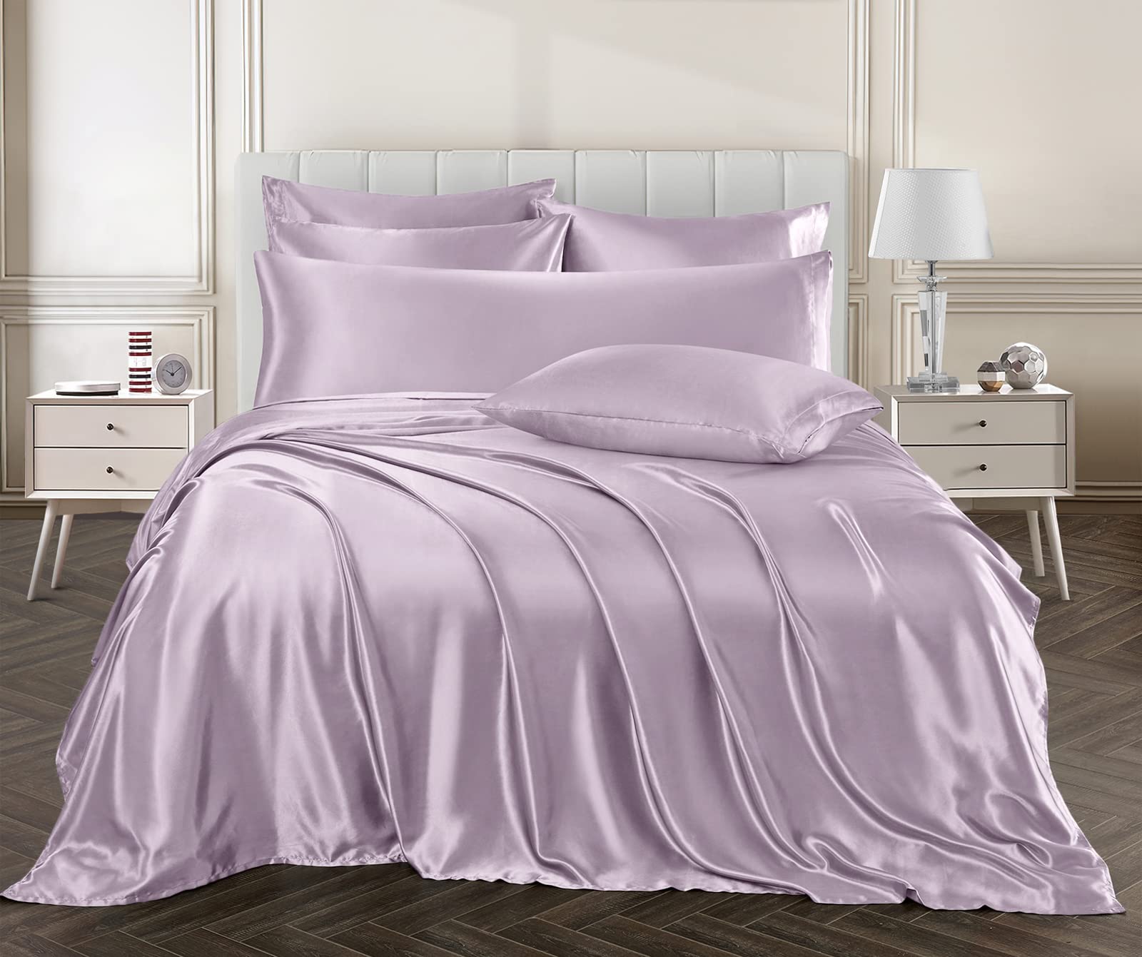 Ersmak 7 Pieces Satin Sheets Set King Size, Luxury Silky Lavender Satin Bed Sheets Set With 1 Deep Pocket Fitted Sheet, 1 Soft F