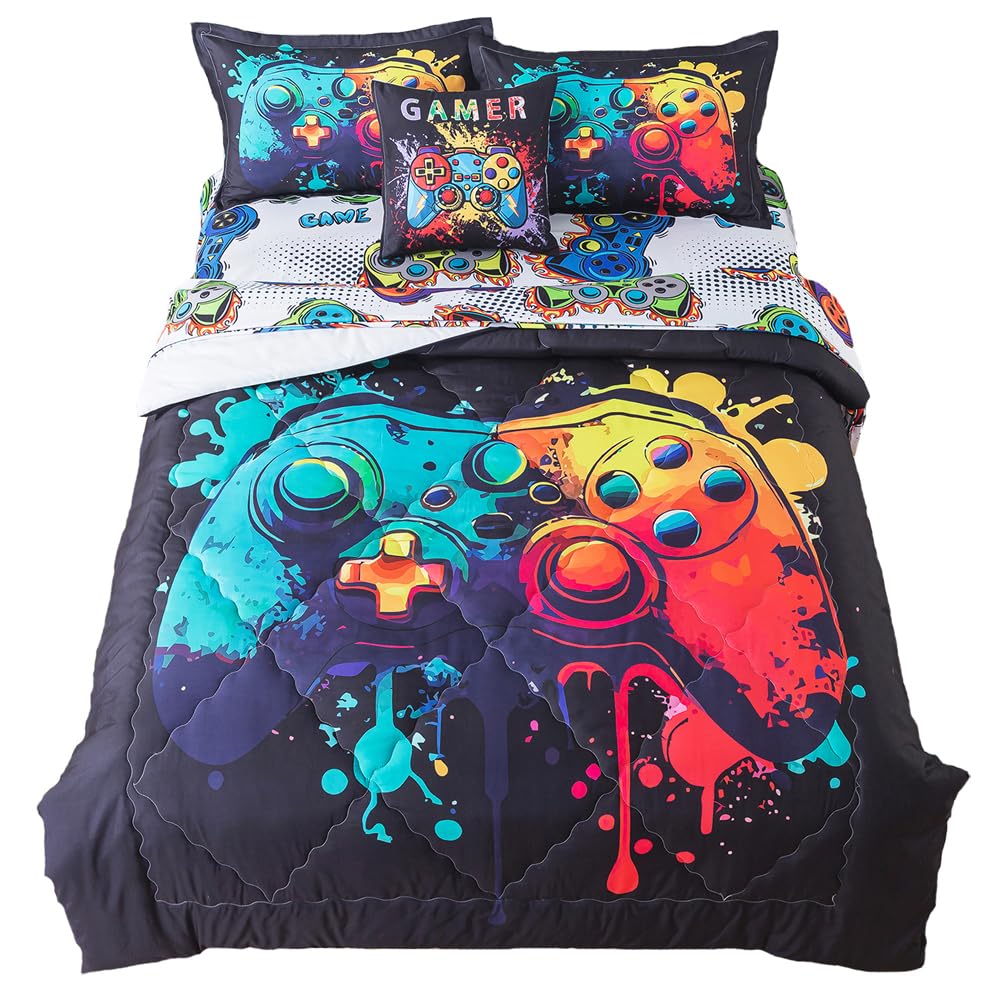 Adasmile A & S Gamer Comforter Sets For Boys Teens 6 Pieces Gaming Bedding Set Full Size Colorful Video Game Gaming Comforter Fo