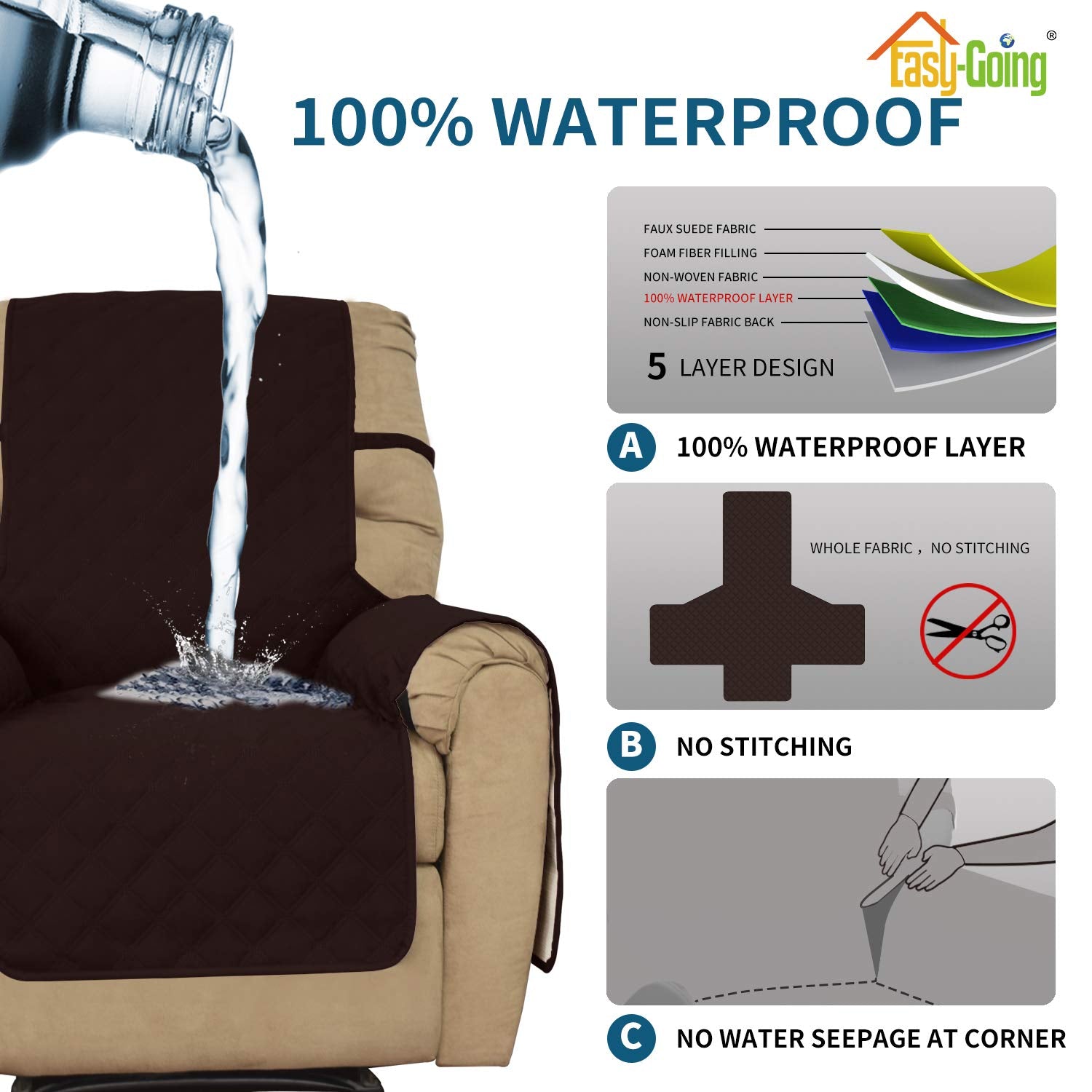 Easy-Going Sofa Slipcover Waterproof Recliner Chair Cover Non-Slip Fabric Couch Cover For Living Room Washable Furniture Protector For Pets Kids Children Dog Cat (Recliner, Chocolate)