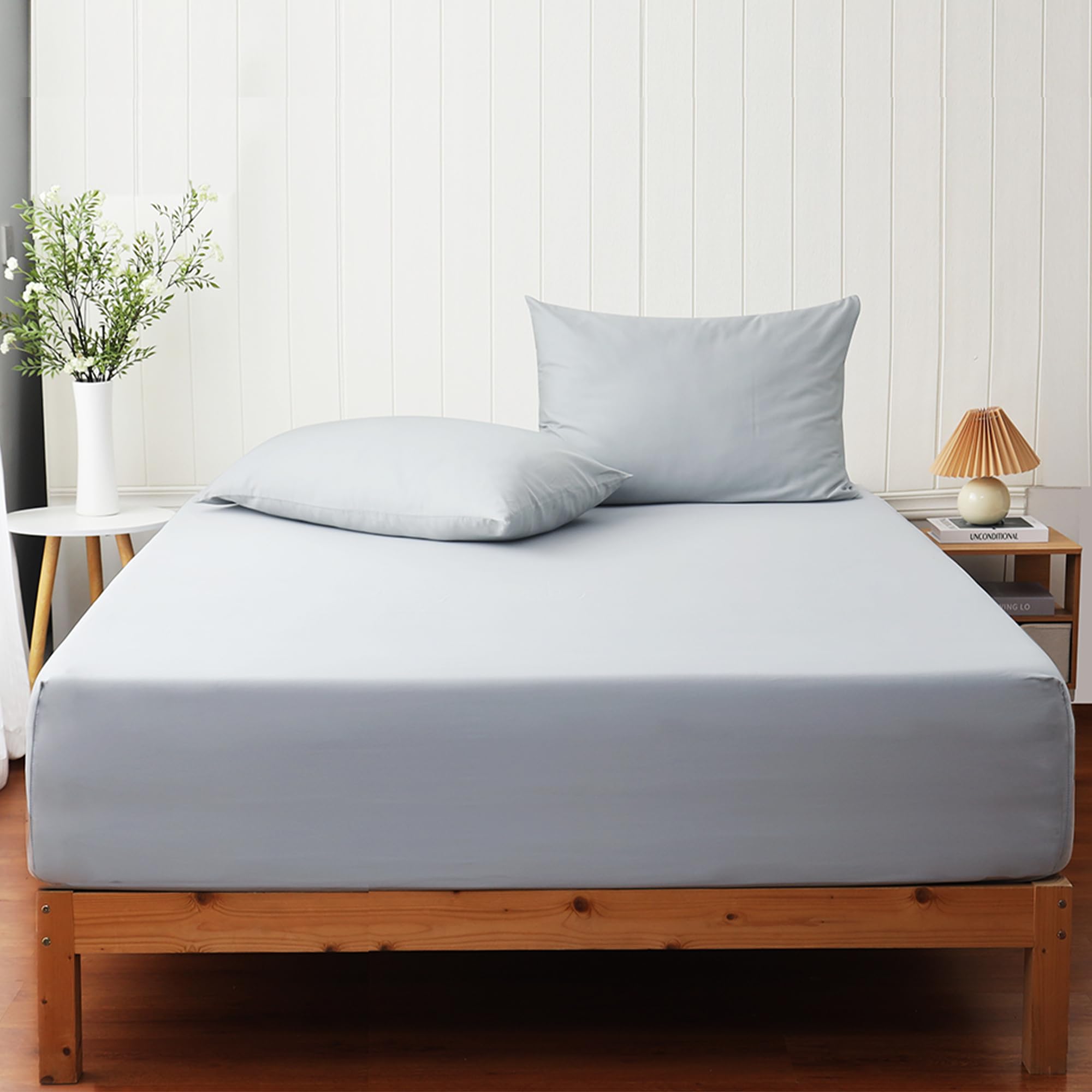 100% Cotton Fitted Sheet King Size Sateen, All-Around Elastic Deep Pocket Durable Bottom Sheet With Foot Tag, Gray Color 1 Fitte