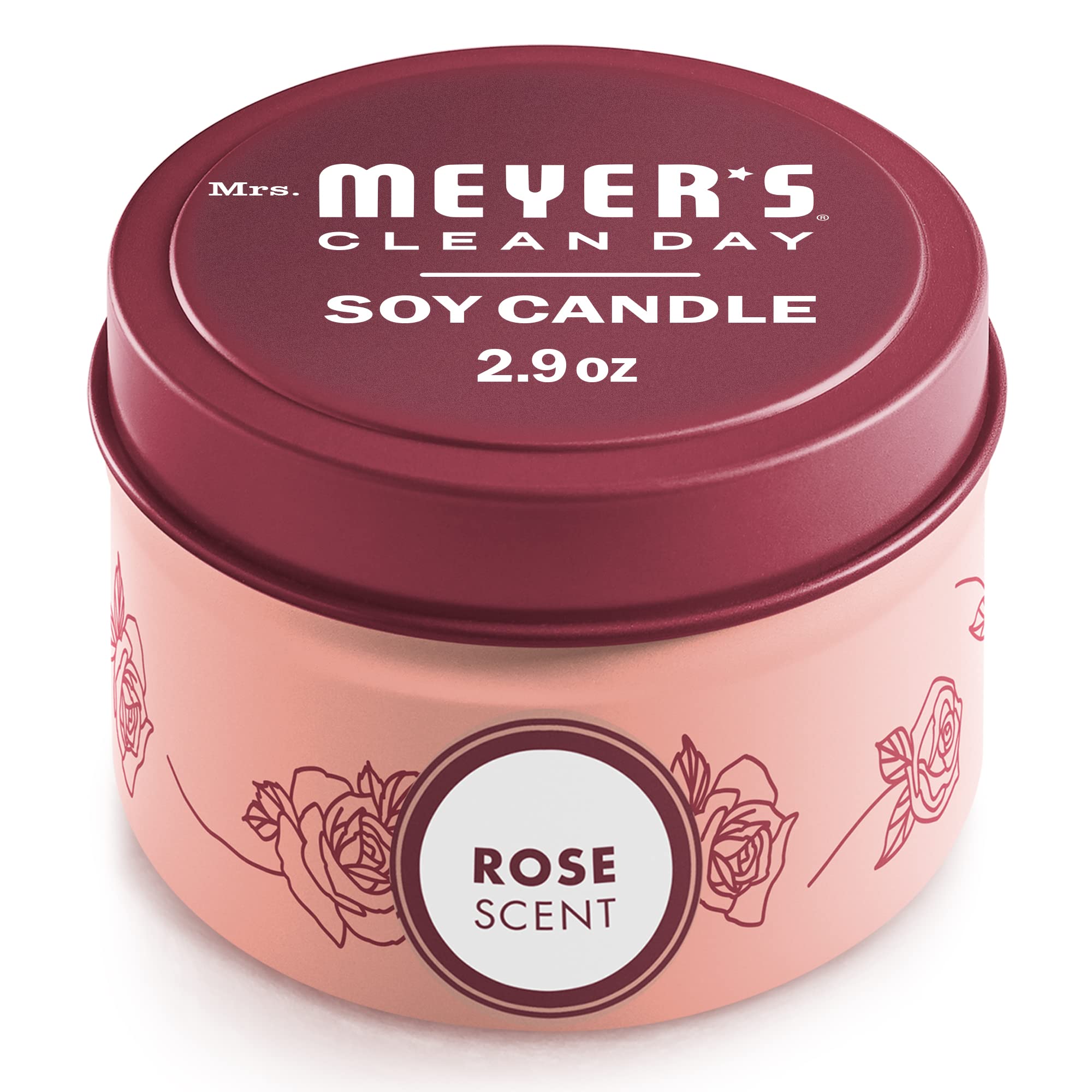 MRS. MEYERS CLEAN DAY Soy Tin Candle, 12 Hour Burn Time, Made with Soy Wax and Essential Oils, Rose, 2.9 oz