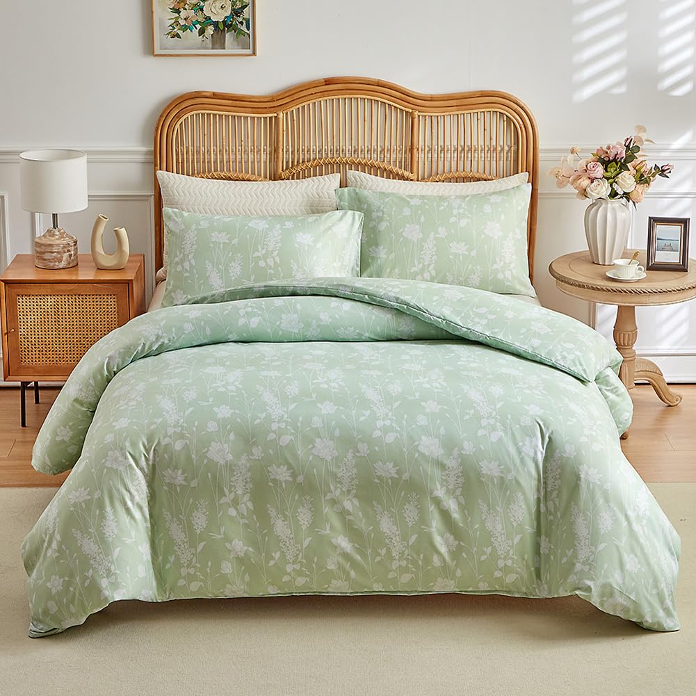 Eavd Sage Green Floral Comforter Set Full Soft Microfiber Chic Garden Floral Bedding Comforter Set 1 Full Bed Comforter And 2 Pi